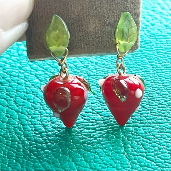 Red Glass Strawberry Earrings Post Lamp Work Polished Artisan Berries Fruit Seed - Picture 1 of 9